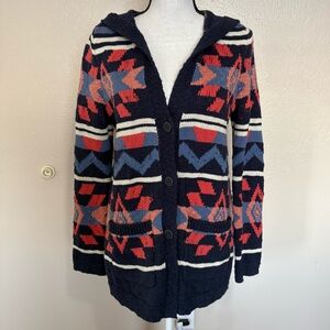 NWT Lucky Brand Hooded Knit Cardigan Sweater Boho Aztec Southwestern Blue Coral